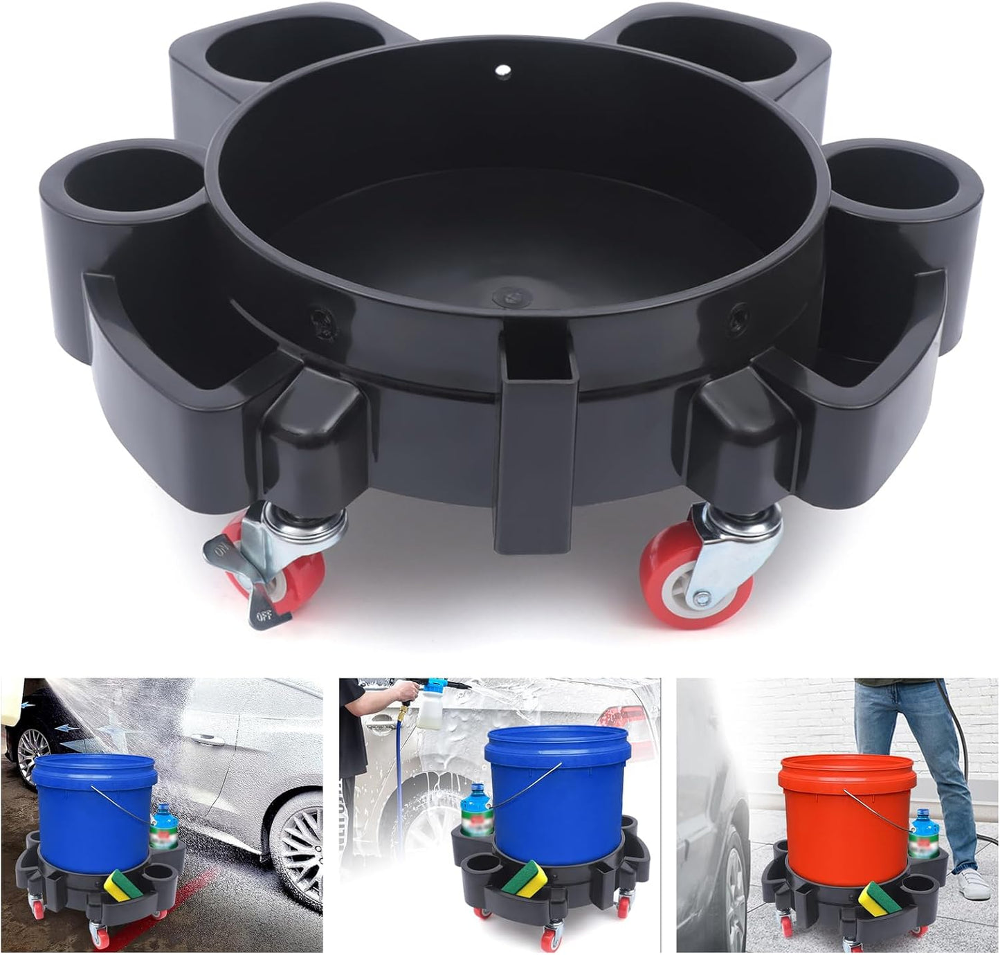  Detailing Bucket Dolly, 5 Gallon Bucket Dolly Car Wash Heavy Duty Chemical Guys Bucket with 360° Wheel Casters-2 Locking Brake Wheel, 220-331LBS, Black